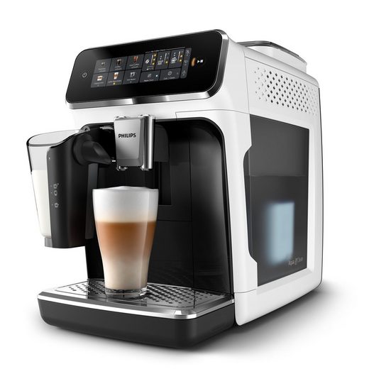 PHILIPS Kaffeevollautomat EP3343/50 3300 Series, 6 Getränke (heiß oder eisgekühlt) LatteGo-Milchsystem, SilentBrew Technologie, Weiß-Schwarz