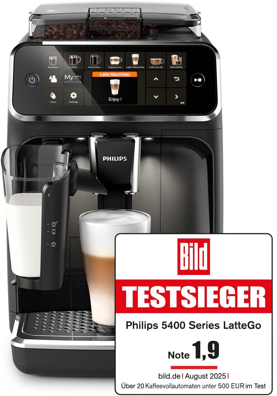 Philips Series 5400 Fully Automatic Coffee Machine - LatteGo Milk System, 12 Coffee Specialities, Intuitive Display, 4 User Profiles, Chrome EP5447/90