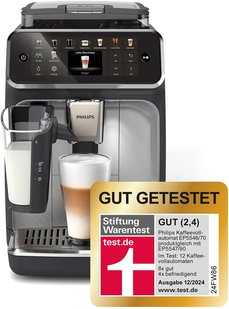 Philips Series 5400 Fully Automatic Coffee Machine - LatteGo Milk System, 12 Coffee Specialities, Intuitive Display, 4 User Profiles, Chrome EP5447/90