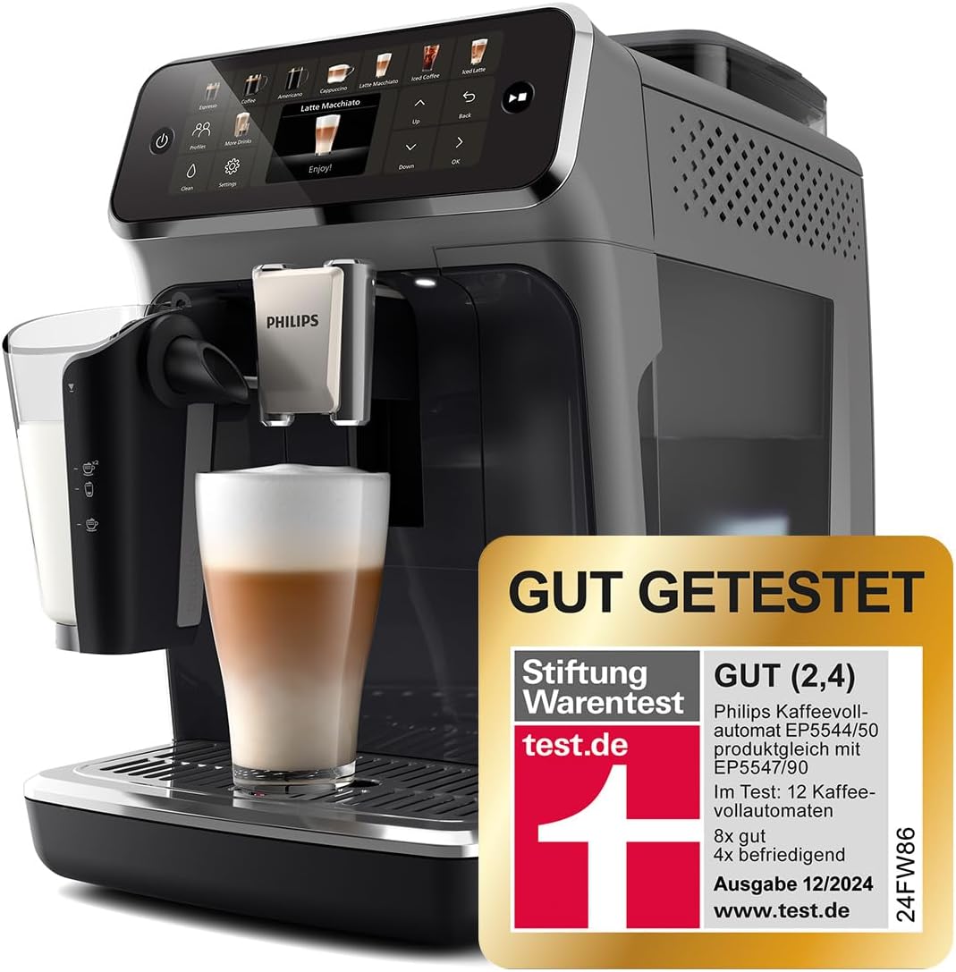 Philips Series 5400 Fully Automatic Coffee Machine - LatteGo Milk System, 12 Coffee Specialities, Intuitive Display, 4 User Profiles, Chrome EP5447/90