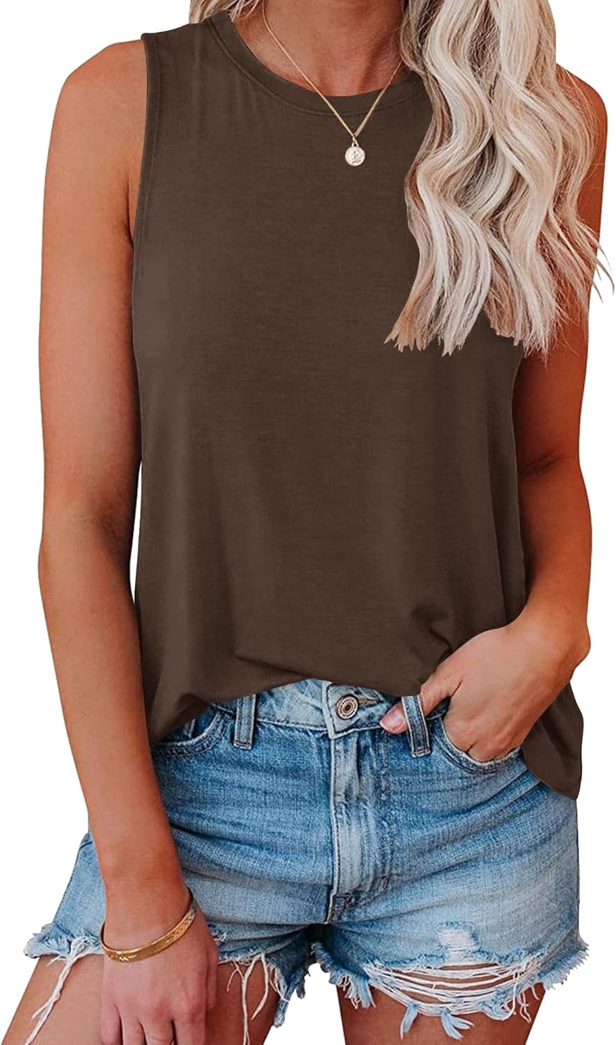 Women Crewneck Flowy Loose Fit Tank Top Sleeveless Summer Tops Shirts