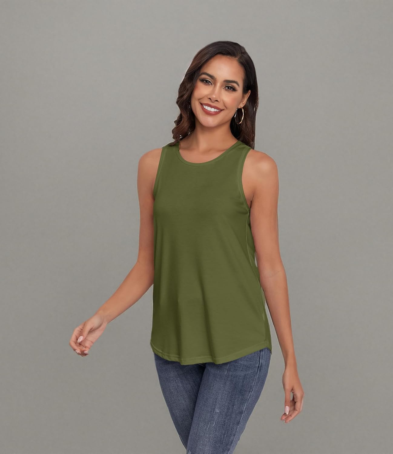 Women Crewneck Flowy Loose Fit Tank Top Sleeveless Summer Tops Shirts