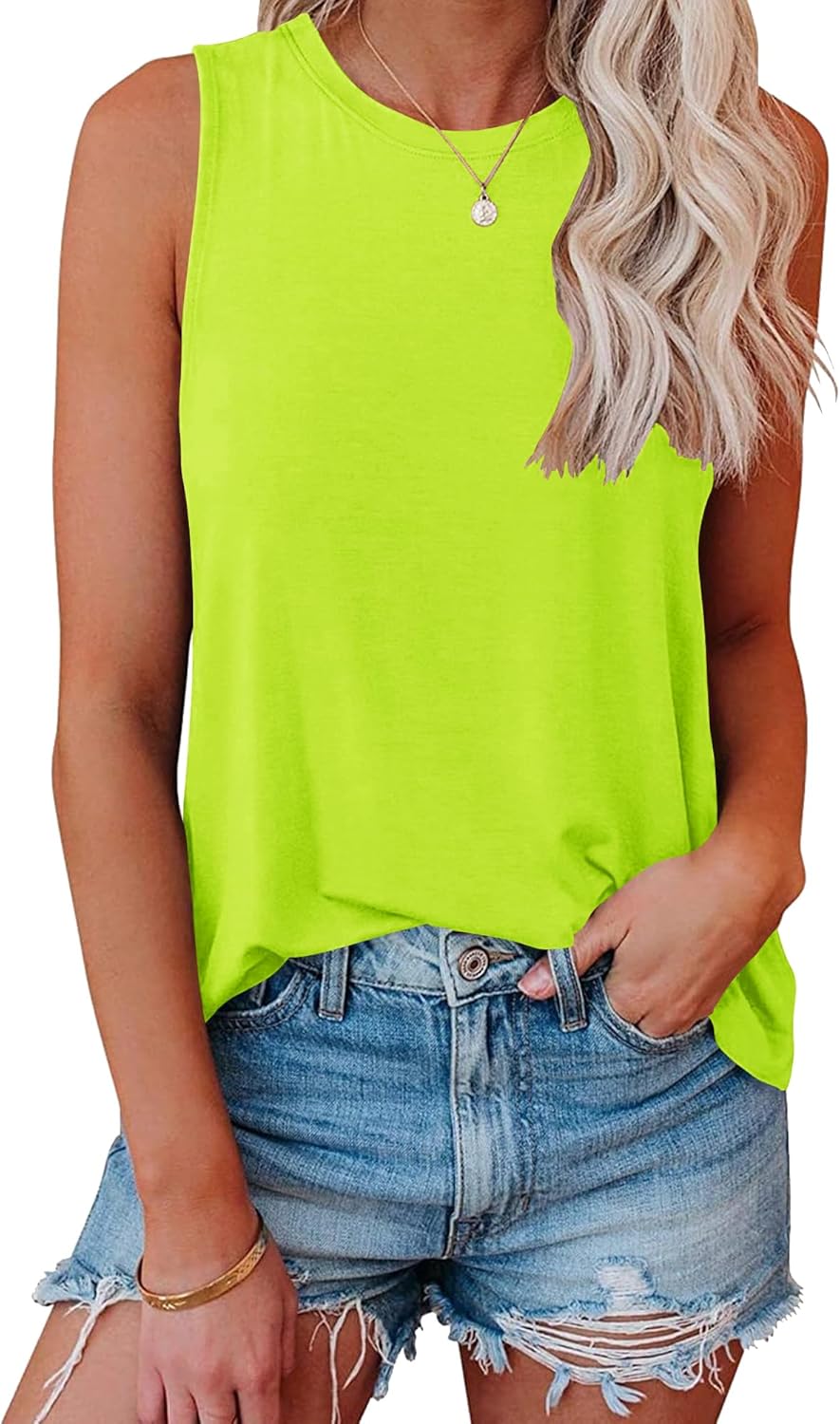 Women Crewneck Flowy Loose Fit Tank Top Sleeveless Summer Tops Shirts