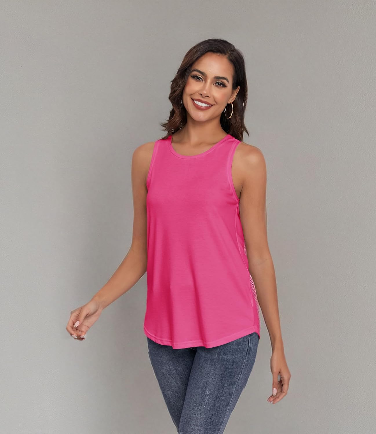 Women Crewneck Flowy Loose Fit Tank Top Sleeveless Summer Tops Shirts