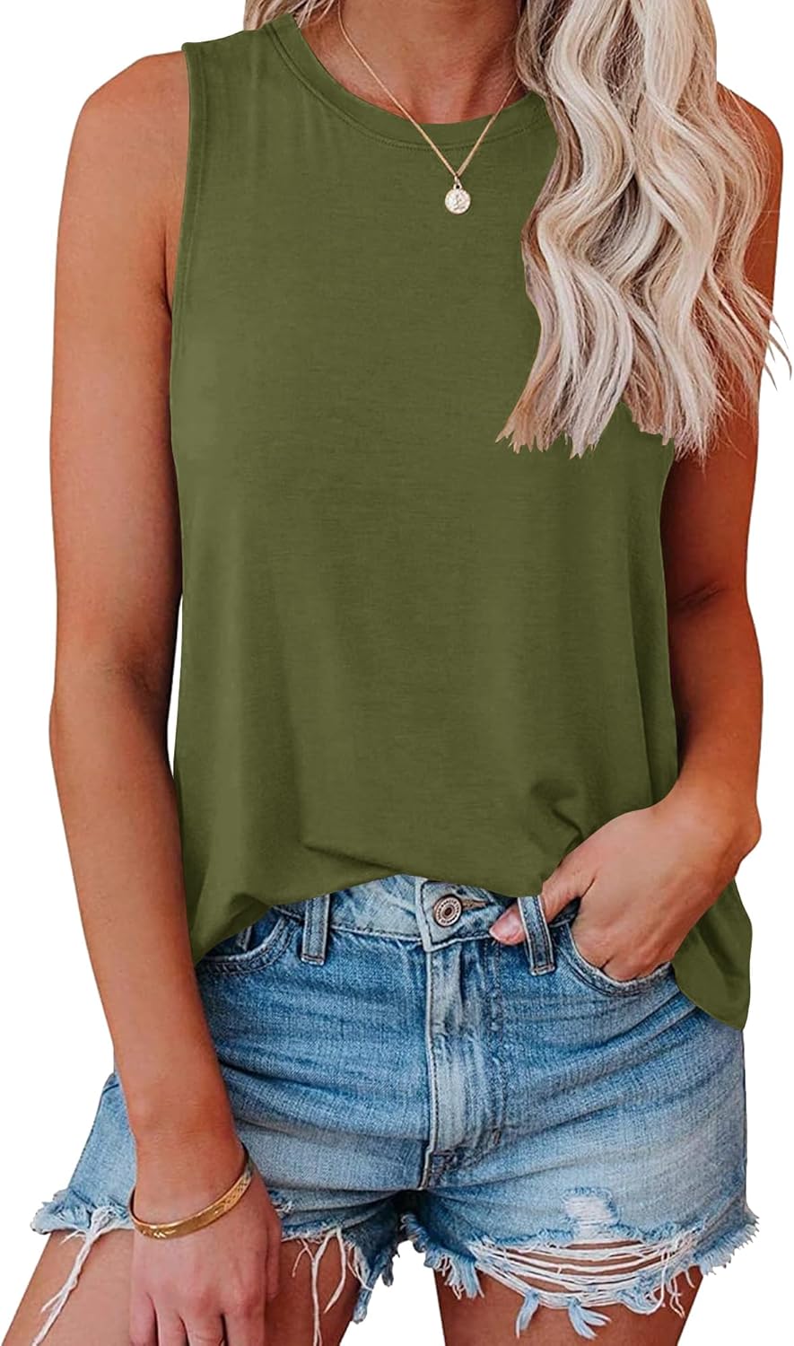 Women Crewneck Flowy Loose Fit Tank Top Sleeveless Summer Tops Shirts