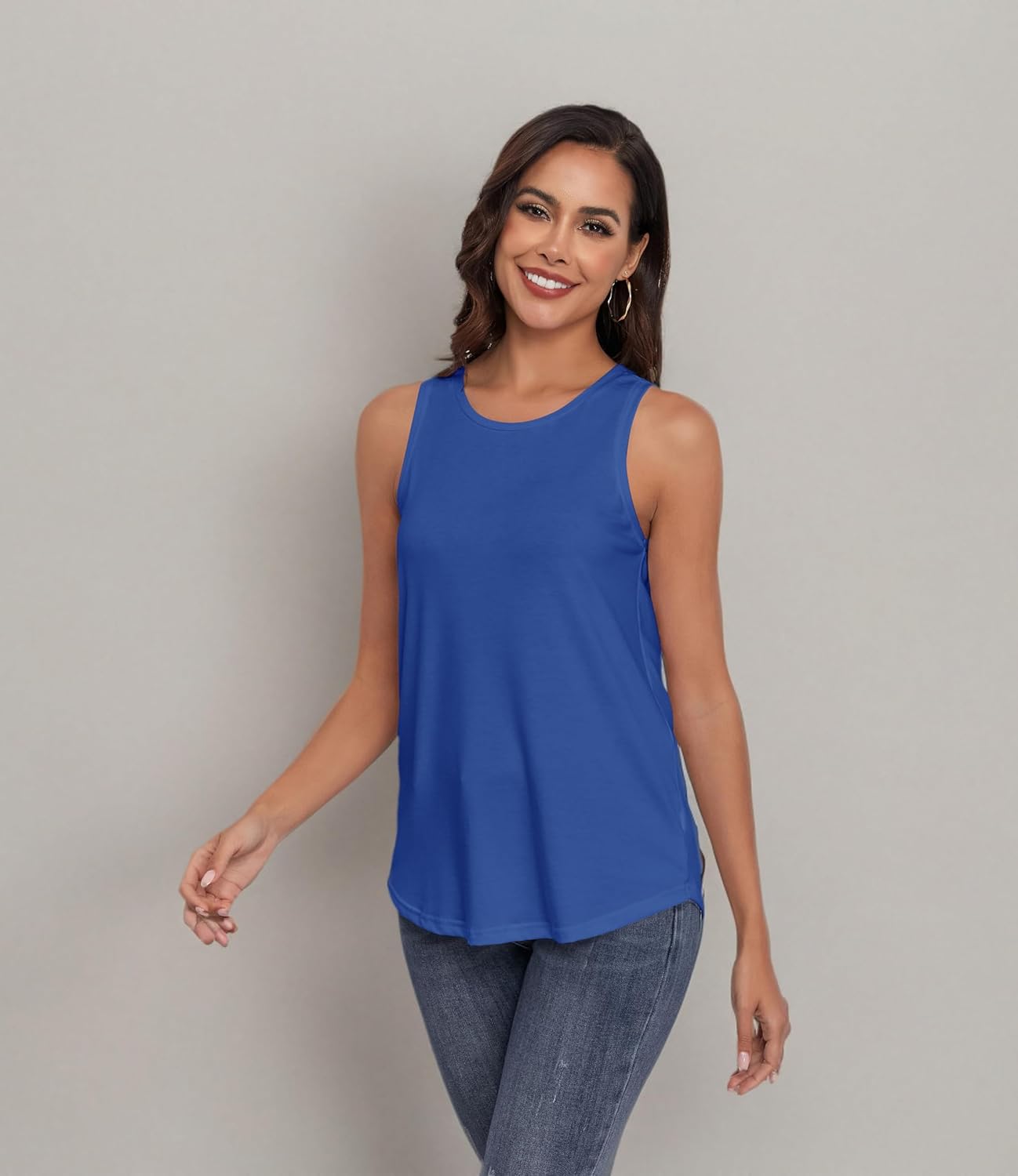 Women Crewneck Flowy Loose Fit Tank Top Sleeveless Summer Tops Shirts