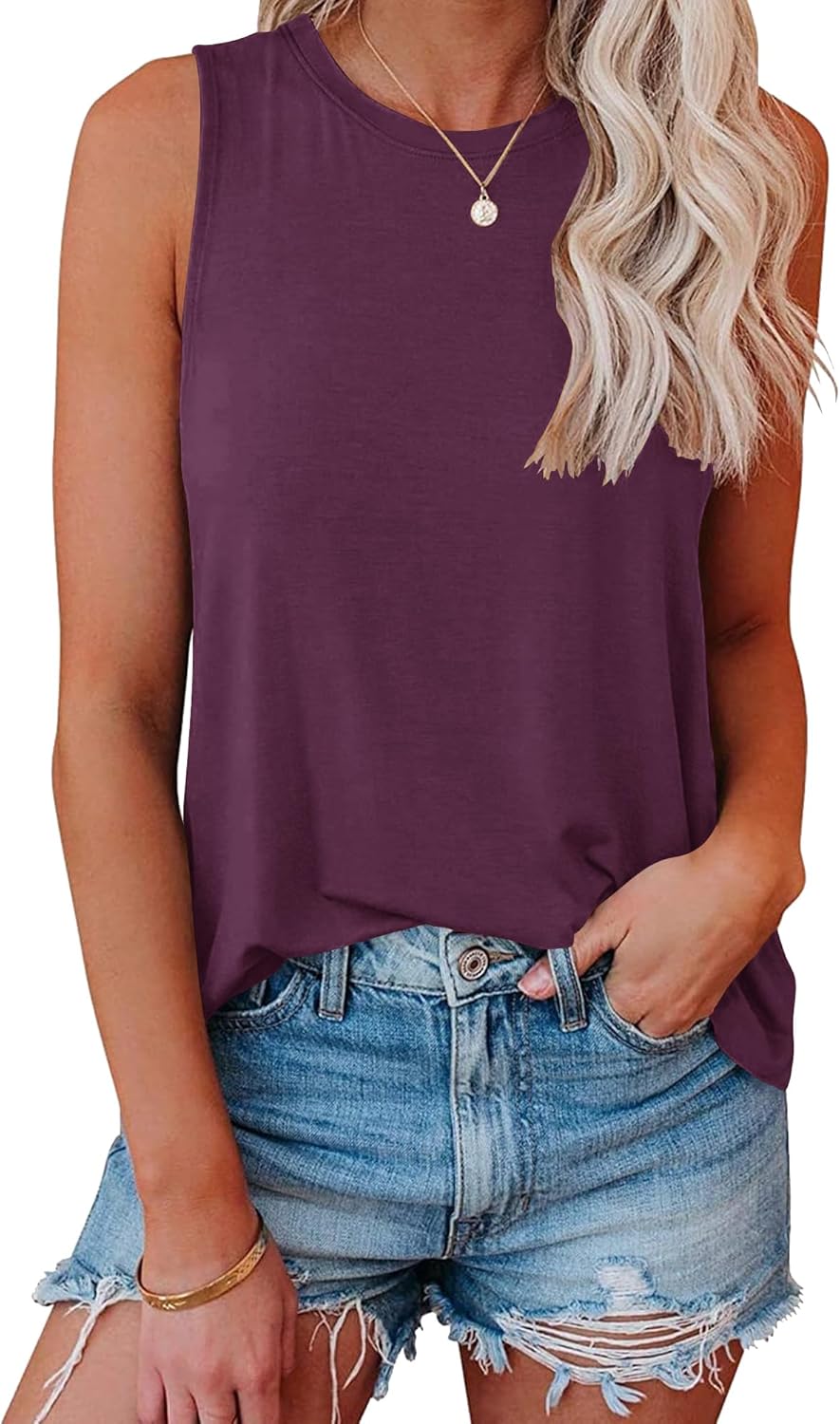 Women Crewneck Flowy Loose Fit Tank Top Sleeveless Summer Tops Shirts