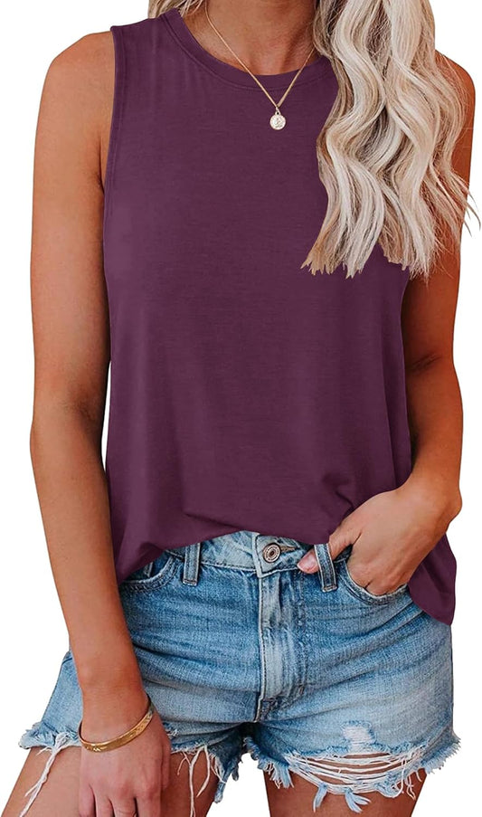 Women Crewneck Flowy Loose Fit Tank Top Sleeveless Summer Tops Shirts