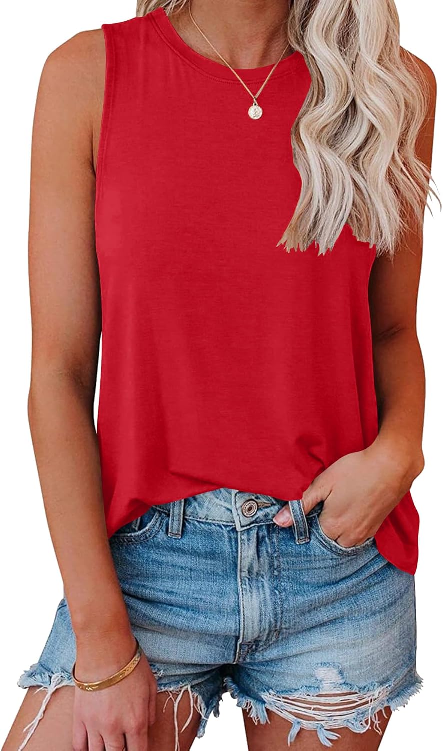 Women Crewneck Flowy Loose Fit Tank Top Sleeveless Summer Tops Shirts