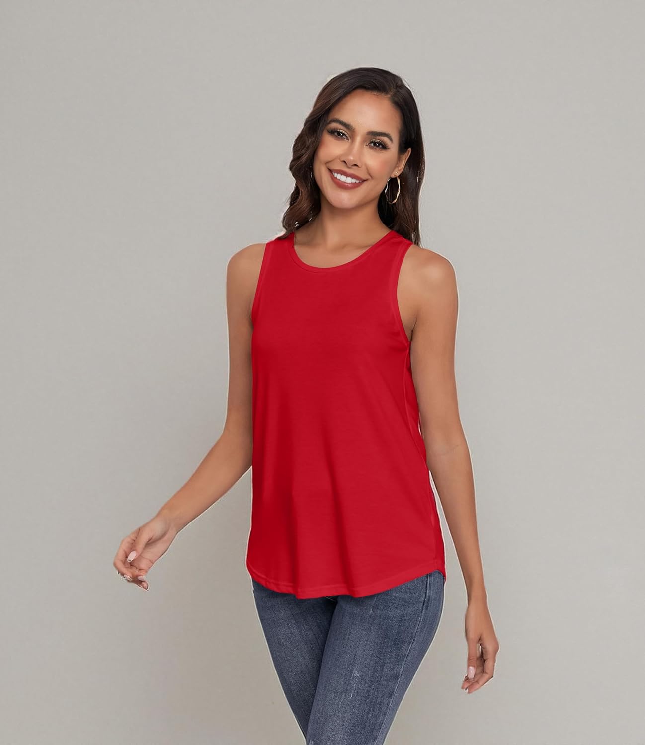 Women Crewneck Flowy Loose Fit Tank Top Sleeveless Summer Tops Shirts