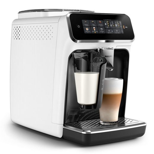 PHILIPS Kaffeevollautomat EP3343/50 3300 Series, 6 Getränke (heiß oder eisgekühlt) LatteGo-Milchsystem, SilentBrew Technologie, Weiß-Schwarz