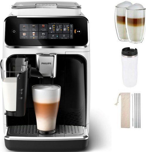 PHILIPS Kaffeevollautomat EP3343/50 3300 Series, 6 Getränke (heiß oder eisgekühlt) LatteGo-Milchsystem, SilentBrew Technologie, Weiß-Schwarz