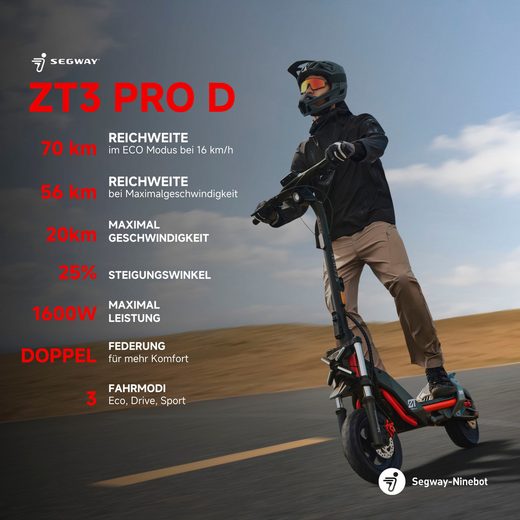 E-Scooter Segway ZT3 Pro D 20 km/h, (Vollfederung, 120kg Tragfähigkeit, 25% Steigung, Apple FindMy), Ninebot E-Scooter, mit Straßenzulassung, bis zu 70 km Reichweite