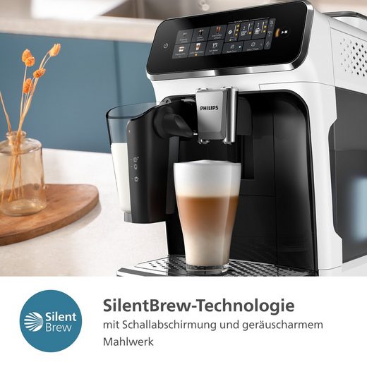 PHILIPS Kaffeevollautomat EP3343/50 3300 Series, 6 Getränke (heiß oder eisgekühlt) LatteGo-Milchsystem, SilentBrew Technologie, Weiß-Schwarz